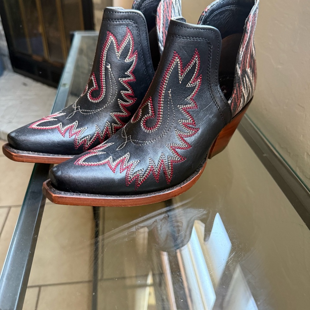 Ariat Black Ankle Booties with Red and Brown Western Stitching - Picture 6 of 11